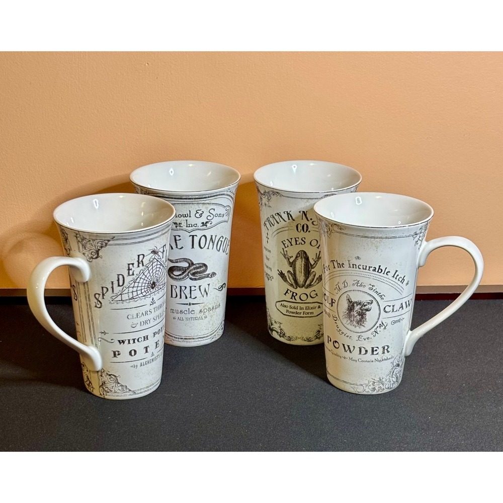 222 Fifth Hallow Apothecary Halloween Mugs Set of 4 Porcelain Gothic Latte Decor